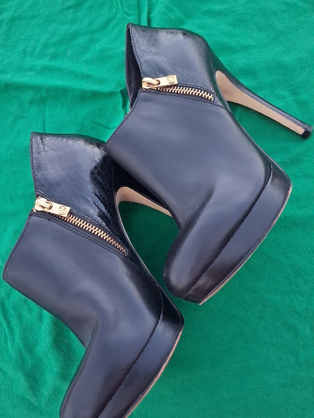 Michael Kors Black Leather Platform Ankle Booties with Gold Zip Detail